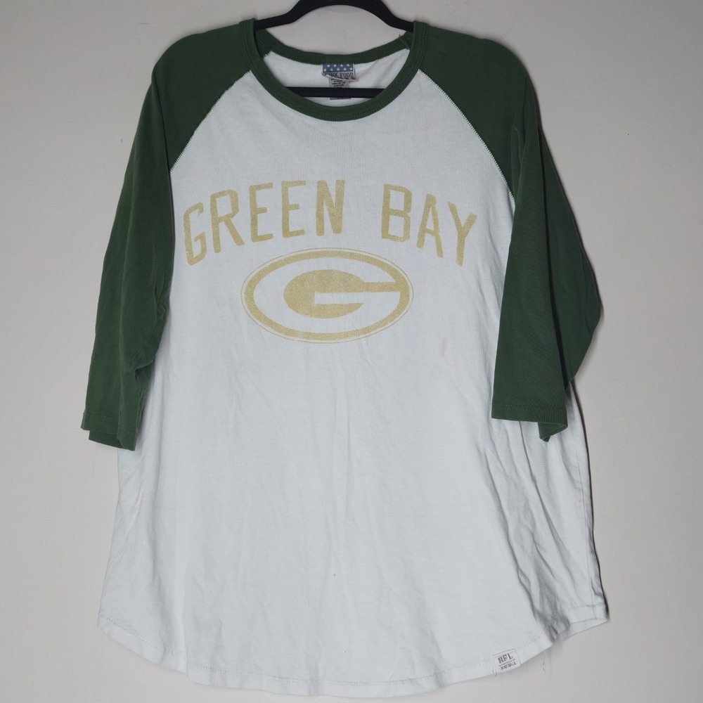 NFL Green Bay Packers Raglan Tee Made in USA Size 2XL White Green Single-stitch